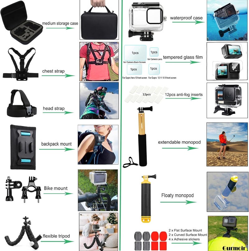 Gurmoir Accessory Kit with Waterproof Case for Go Pro Hero 13 12 11 10 9 Black. Underwater Diving Housing Floating Hand Grip Screen Protector Bundle Pack for GoPro 13 12 11 10 9 Camera(DT13) - Image 5